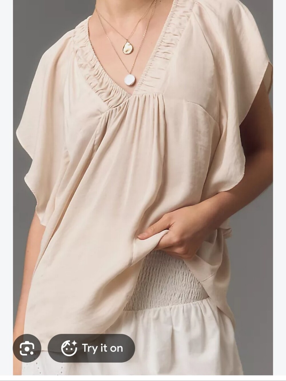 Anthropologie  Gathered Cream Flutter-Sleeve V-Neck Blouse Size L